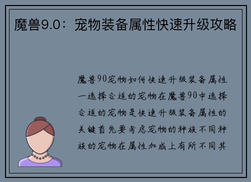 魔兽9.0：宠物装备属性快速升级攻略