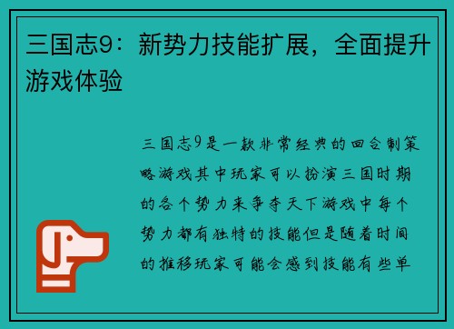三国志9：新势力技能扩展，全面提升游戏体验