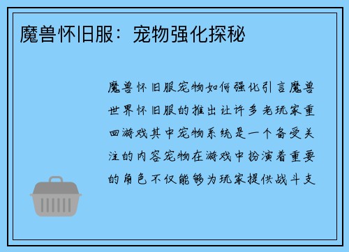 魔兽怀旧服：宠物强化探秘